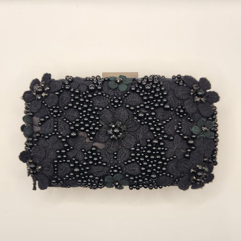 New Olga Berg Bonnie Black Lace Beaded Clutch Wedding Formal Bag Flower Floral A